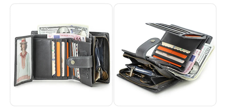 CONTACT'S Genuine Leather RFID Vintage Wallet Men With Coin Pocket Short Wallets Small Zipper Wallet With Card Holders Man Purse