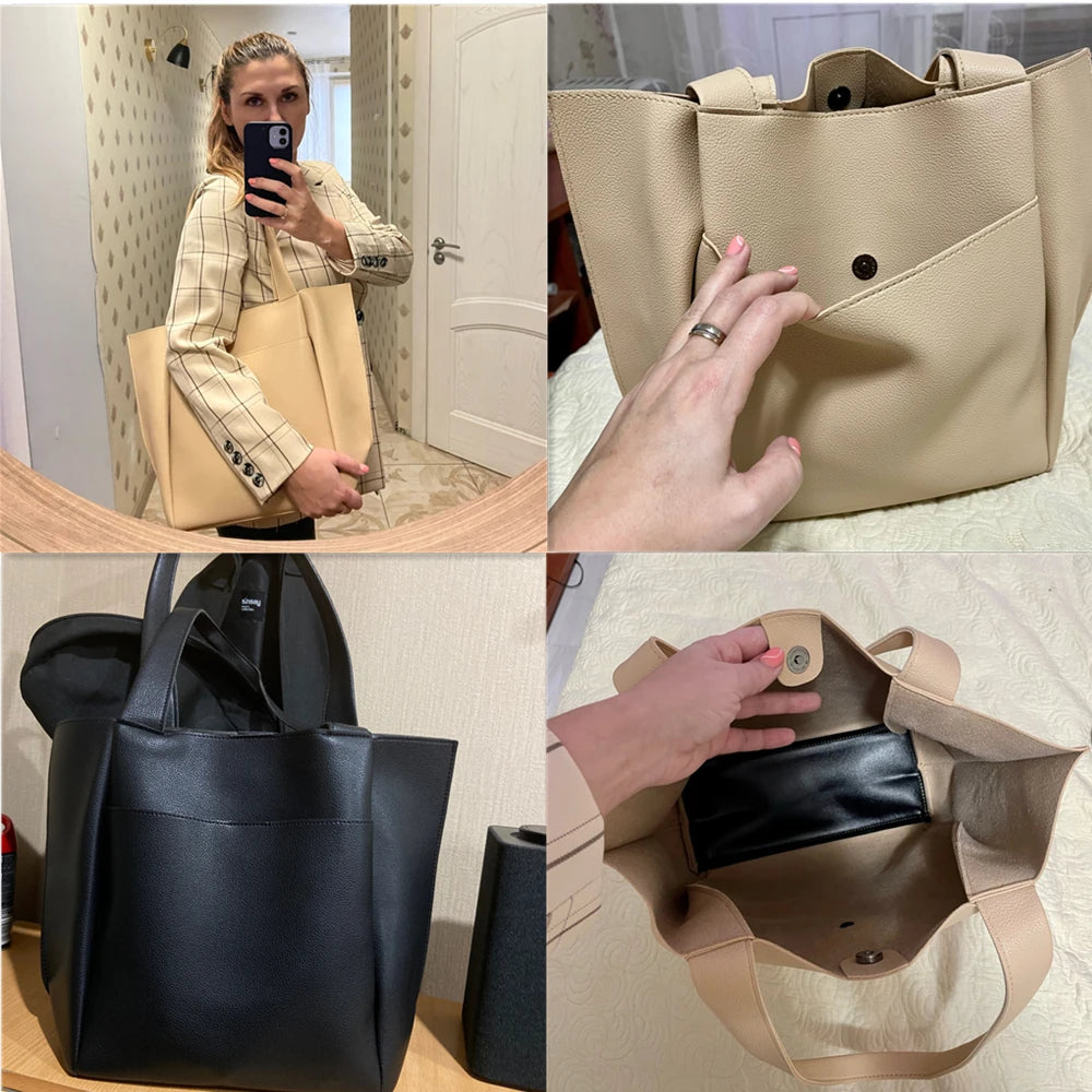 Sac fourre-tout décontracté en cuir souple de haute qualité pour femme, couleur unie, grande capacité, sac à bandoulière simple avec poche extérieure