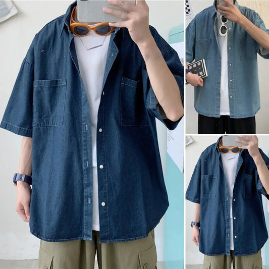 Chemises à manches courtes en denim bleu pour hommes, été, mode coréenne fine, haut vintage surdimensionné, cardigan ample, chemisiers, vêtements décontractés pour hommes