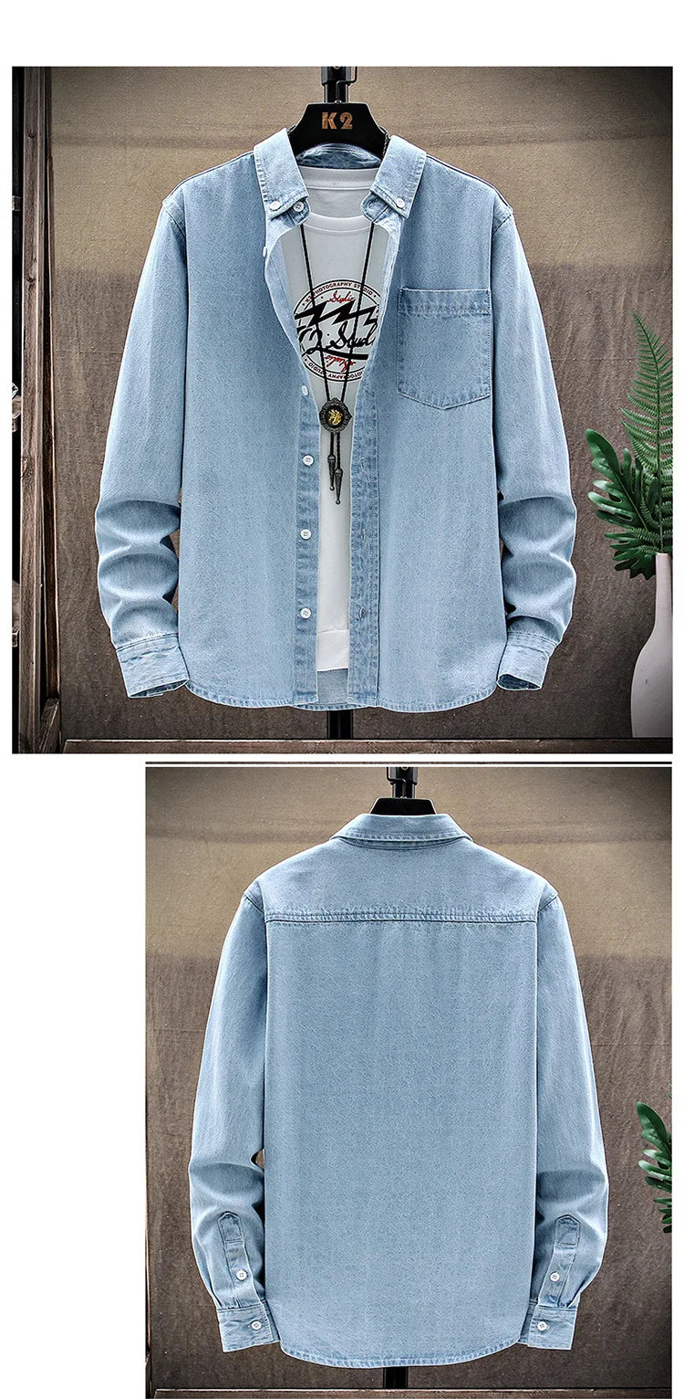 Fashion Large Cotton Denim Long Sleeved Men's Casual Large Loose Work Coat Fashion Shirt Formal Cotton Fashion Slim Men Shirt