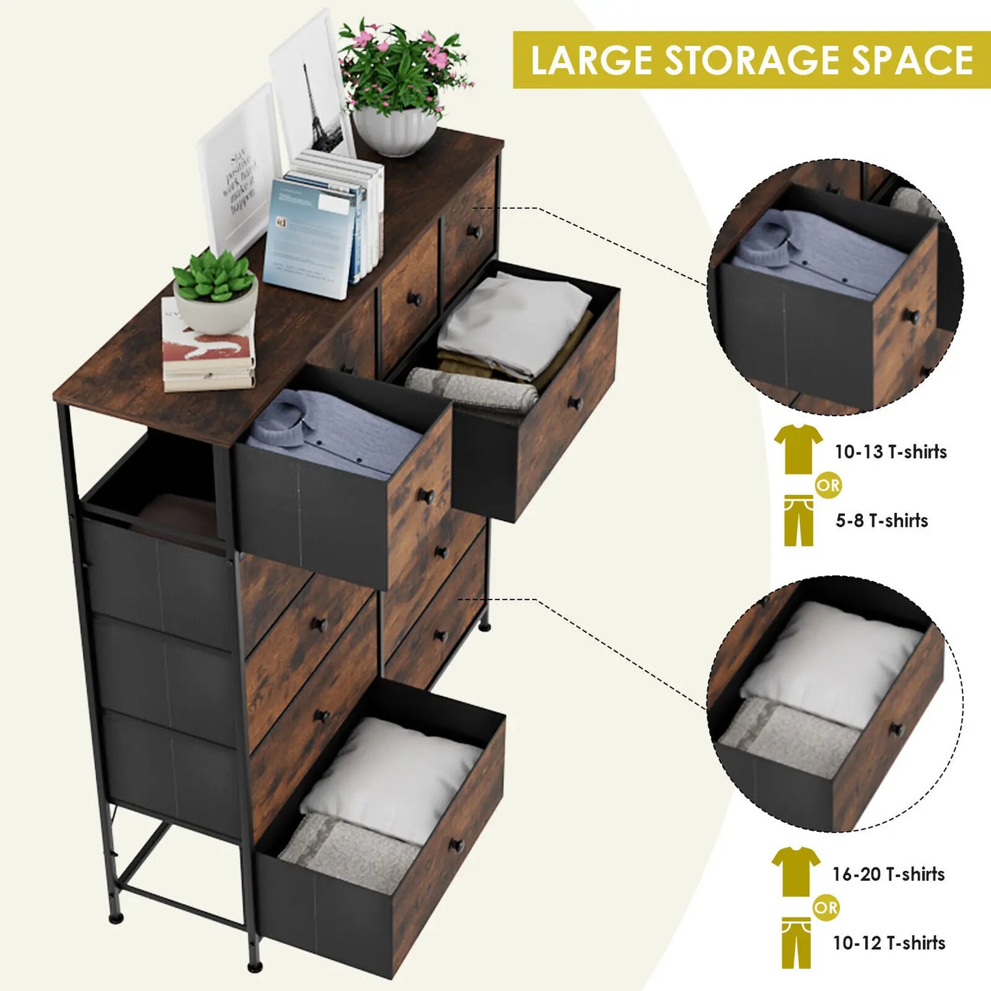 Dresser for Bedroom 12 Drawer Double Dresser, Storage Tower with Fabric Bins, Chest of Drawers for Closet, Living Room,Hallway