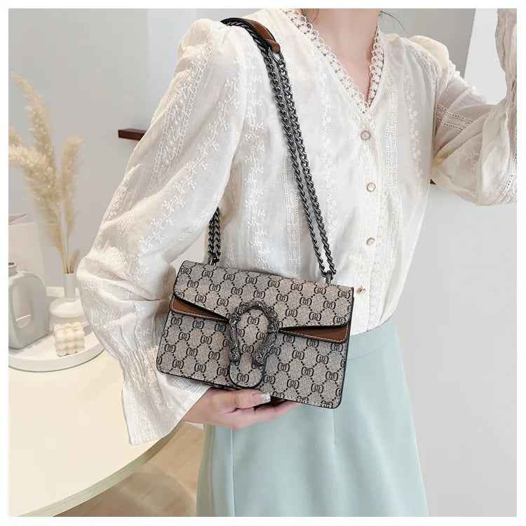 New retro printed chain bag popular underarm bag oblique span shoulder small square bag