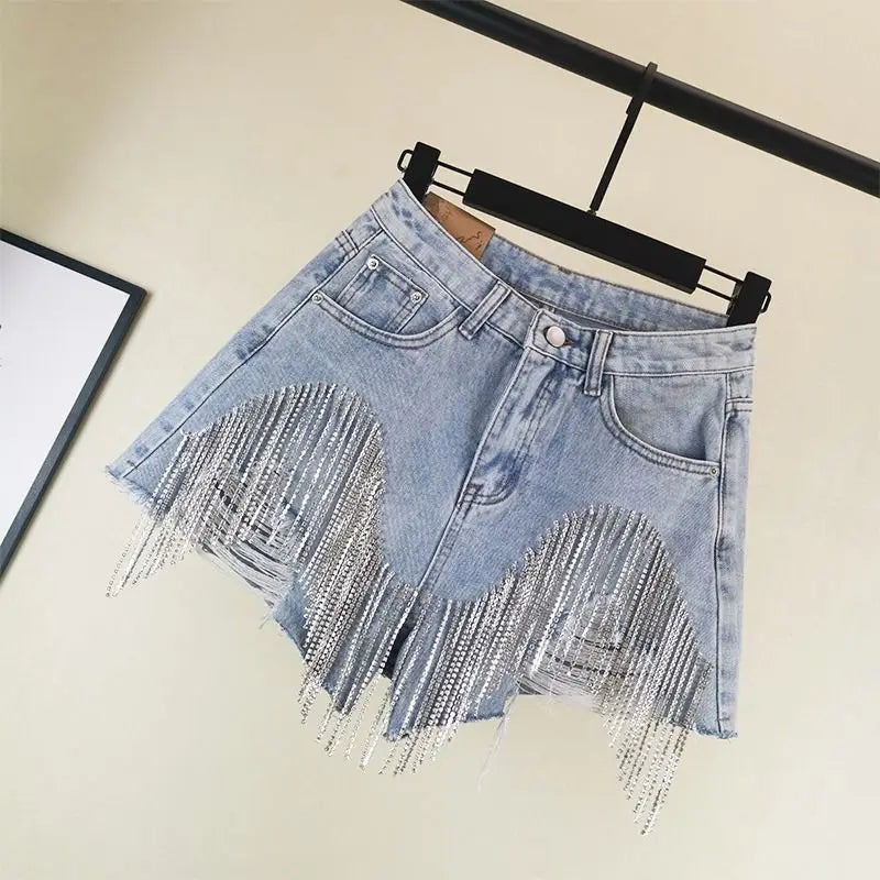 New Summer Ripped Jeans Short Femme High Waist Diamond Tassel Casual Bottoms For Ladies Denim Shorts Women Clothing Fashion