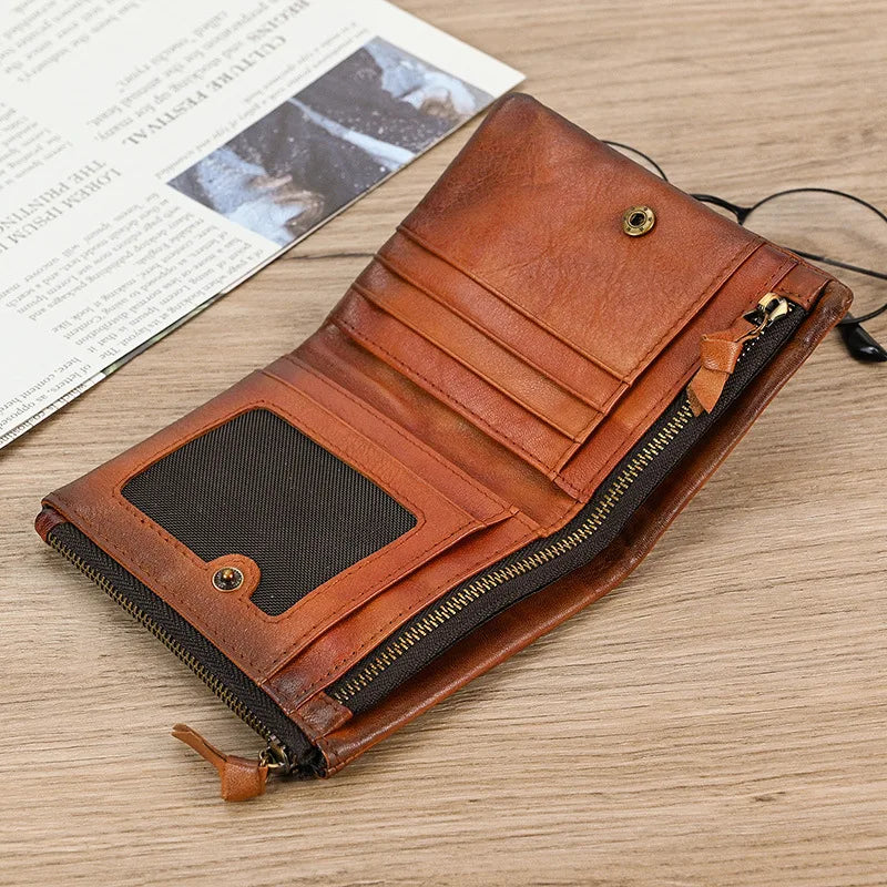 Leather Men‘s Short Wallet Hasp Genuine Leather Unisex Zipper Coin Clutch Purse Cowhide Card Holder Trifold Man wallets