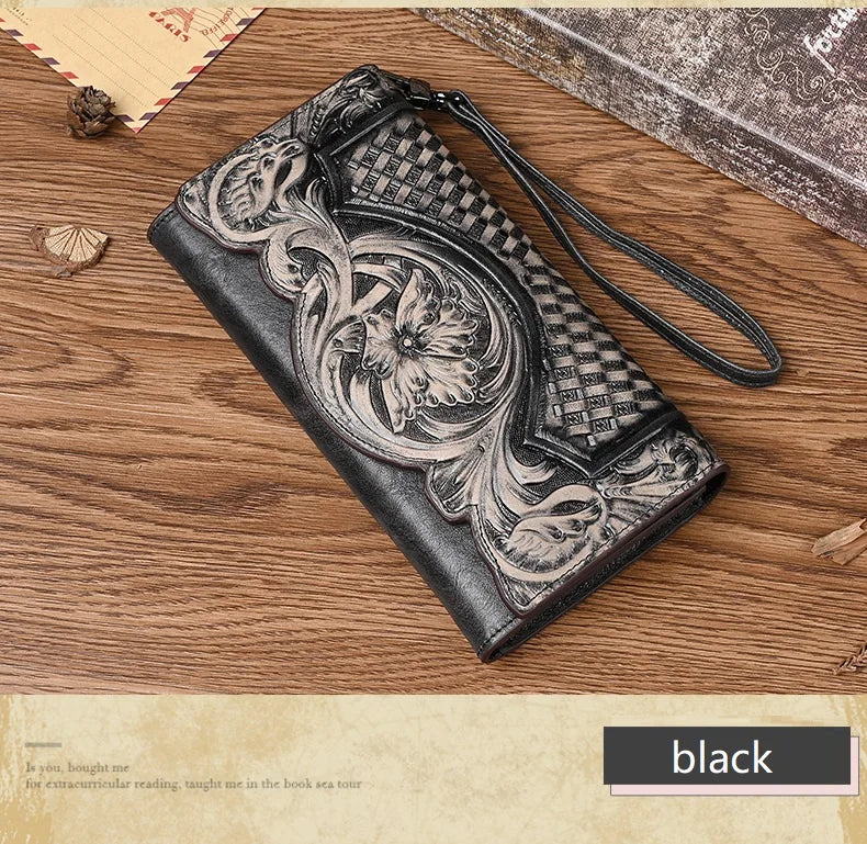 Floral Genuine Leather Wallet Women Handmade Real First Layer Cow Leather Clutch Bag Large Female Card Holder Purse