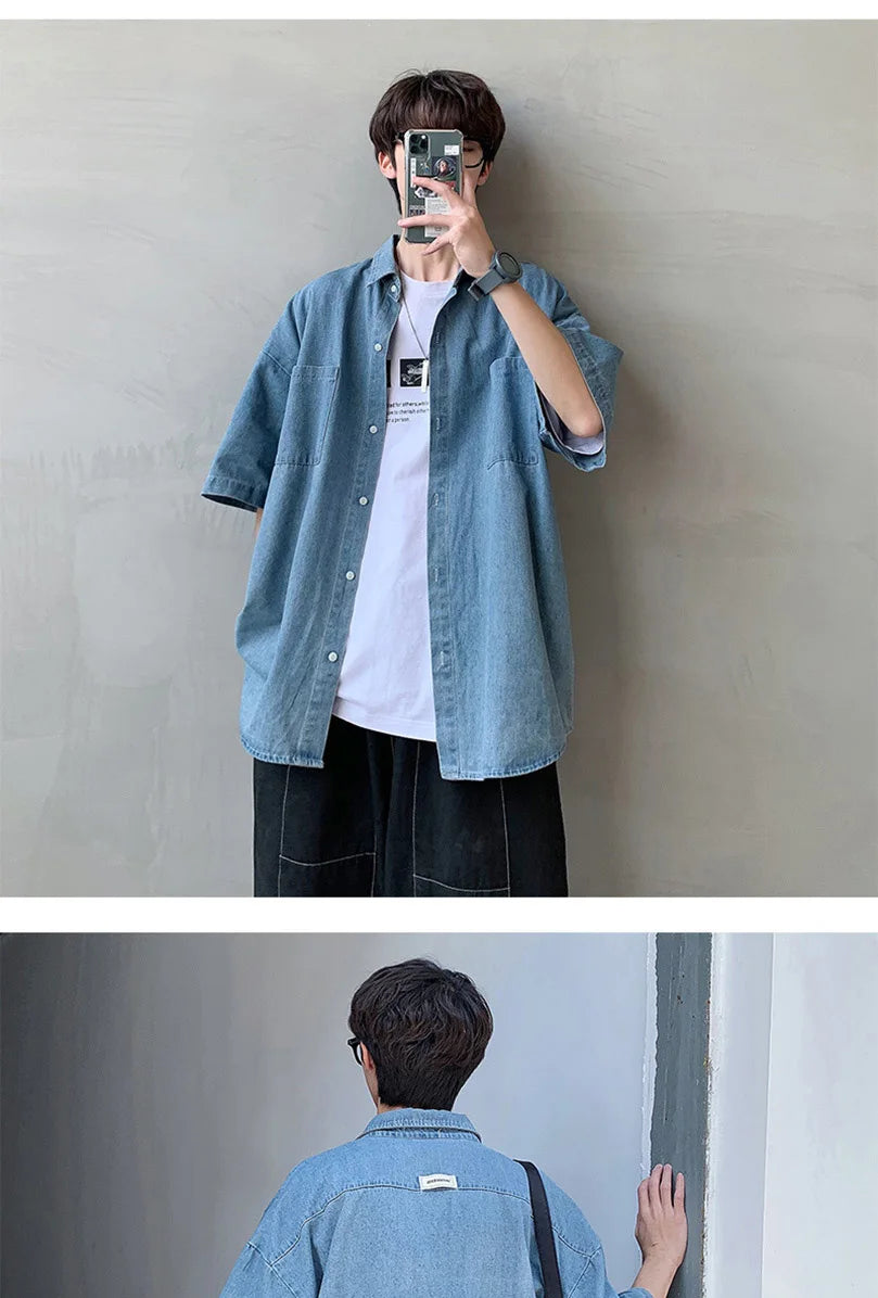 Summer Brand Denim Shirt Men Short Sleeve Cargo Shirt Coat Loose University Handsome Top Clothes 2023 Cowboy Oversize