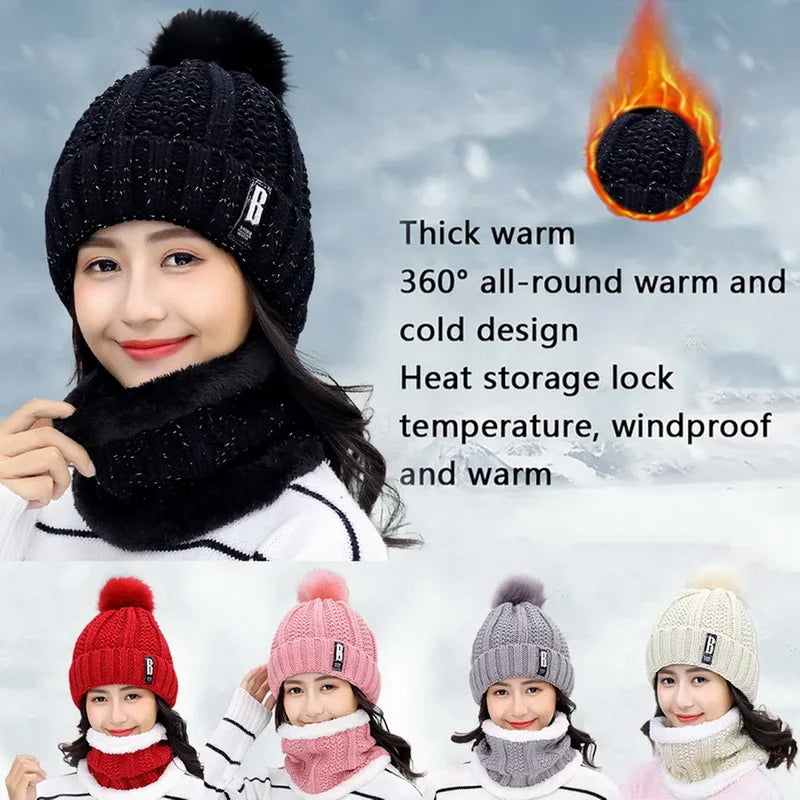 Brand Winter Knitted Scarf Hat Set Thick Warm Skullies Beanies Hats for Women Solid Outdoor Snow Riding Ski Bonnet Caps Girl