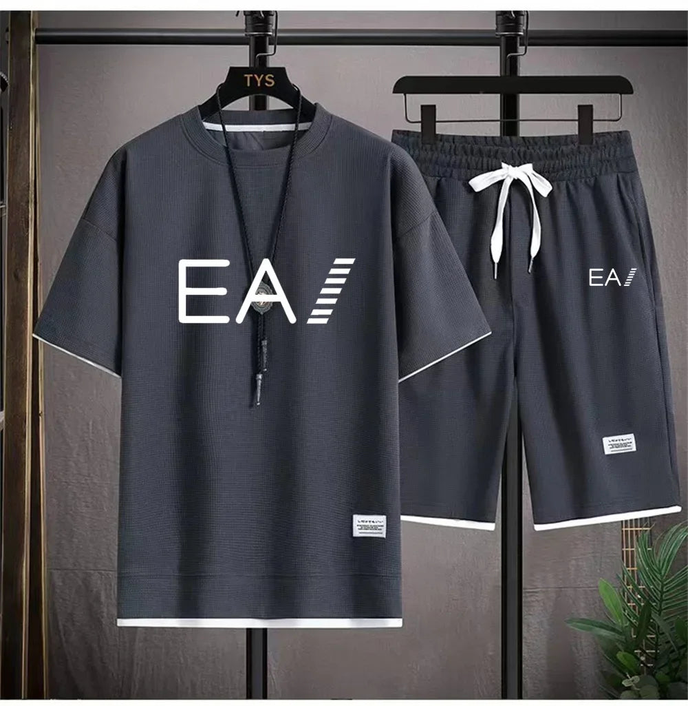 Men's summer new round necked short sleeved and shorts two-piece set with the letters EA1 printed, fashionable and casual set