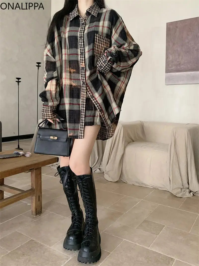 Onalippa Contrast Plaid Two Piece Sets Womens Outfits Turn Down Collar Casual Blouse Korean Chic Waist Belt Mini Pleated Skirts