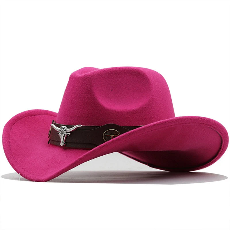 Western Cowboy Hat Roll Brim Cowgirl Cap Cowboy Jazz Fedora Hats Felt Cap with Cow Band for Women Men Children