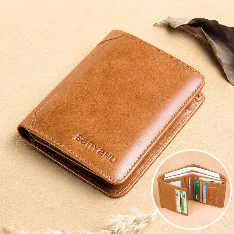 Genuine Leather Rfid Protection Wallets for Men Vintage Thin Short Multi Function ID Credit Card Holder Money Bag