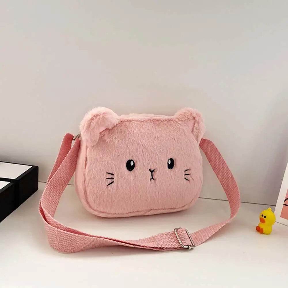 Plush Cartoon Children's Messenger Bag Cute Cat Lovely Kids Crossbody Handbags Zipper Little Girl Purse Gift For Child