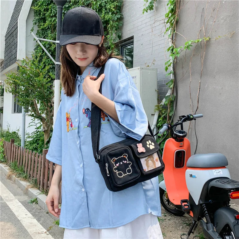 Canvas Small Bag Japanese ins Women Shoulder Bag Cute Funny Personality Embroidery Bear Girl Student Transparent Messenger Bag