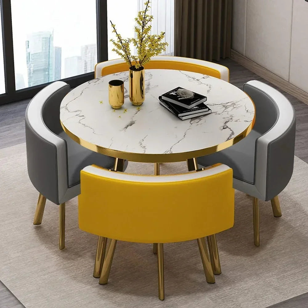 Marble Round 80cm Dining Tables Set 4 Chairs Modern Center Wood Table Luxury White Apartment Furniture