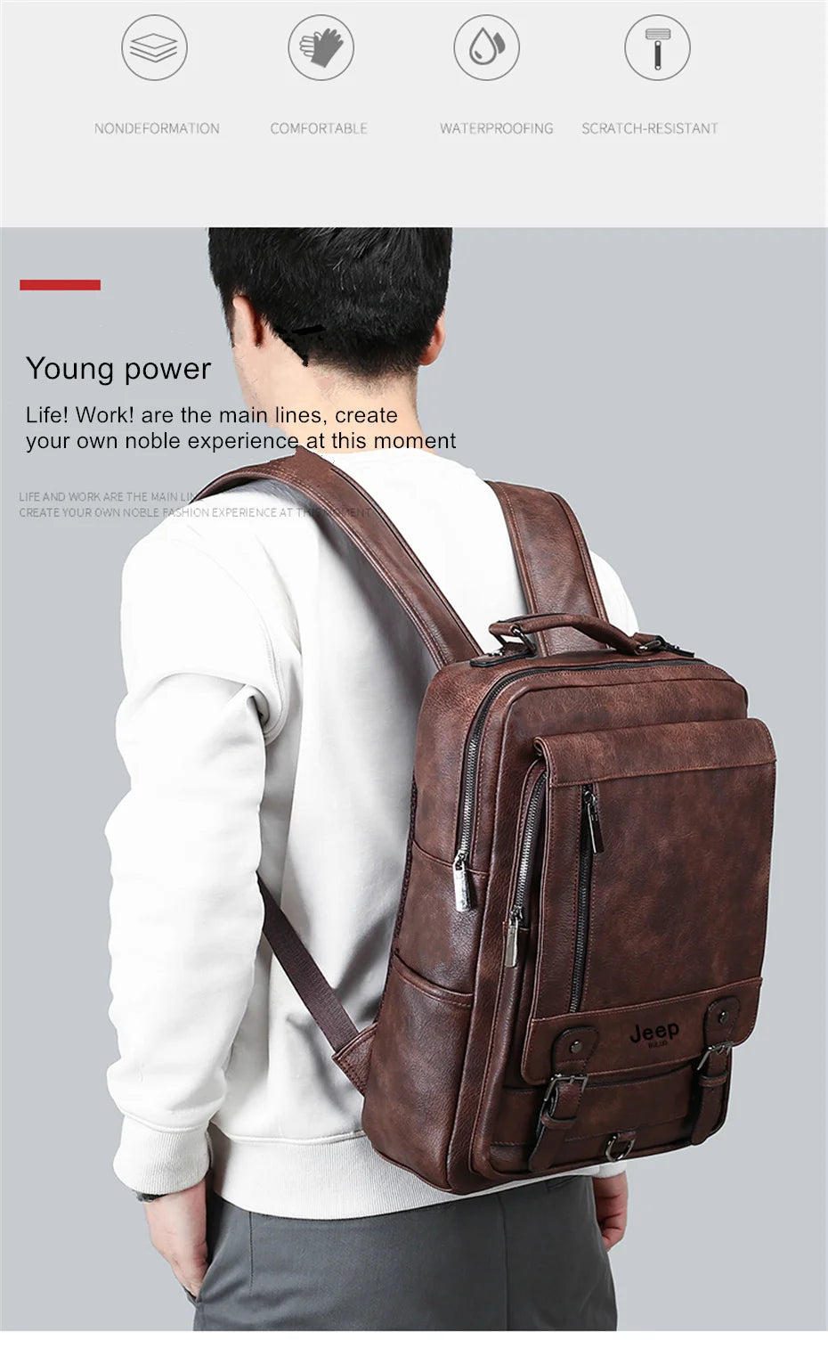 JEEP BULUO Fashion Leather Men Backpack Business Male 15.6" Laptop Bag Daypacks Large Capacity Travel College School Bag