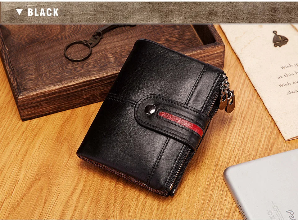 Short Genuine Leather Men's Wallets England Style Clutch Bag Top Quality Mini Purse for Women with Double Zipper Coin Pocket