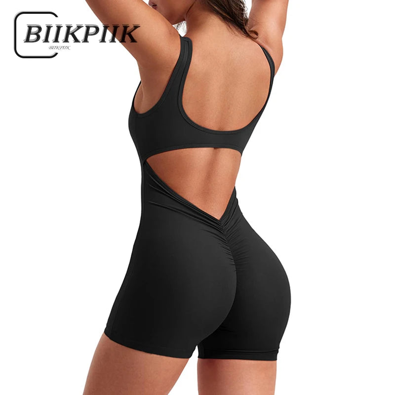 BIIKPIIK Sporty Sexy Hollow Out Shirring Playsuits Casual Fitness Skinny Women Rompers Basic Black Overalls Jogging Body-shaping