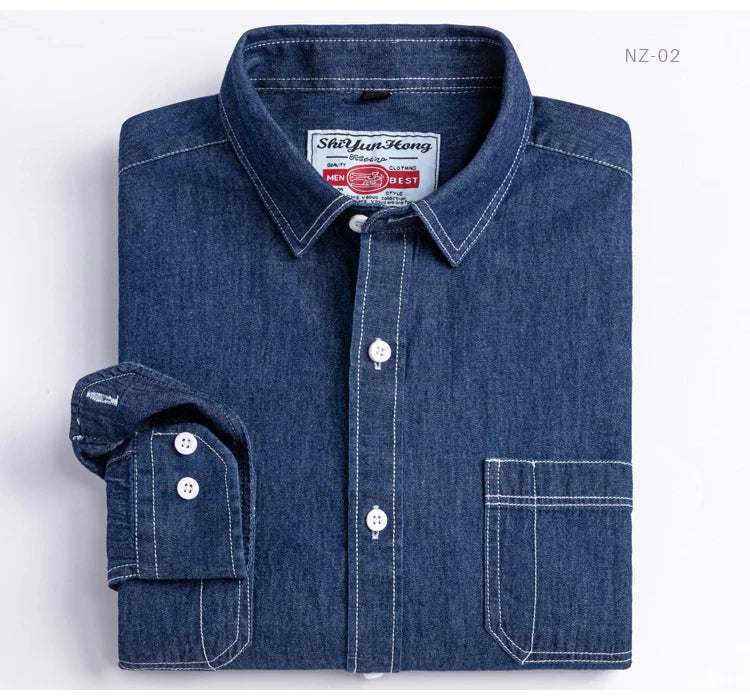 Man 100% Cotton Western Denim Pocket Shirt Long Sleeve Standard-fit Comfort Durability Soft Casual Washed Durability Work Shirts