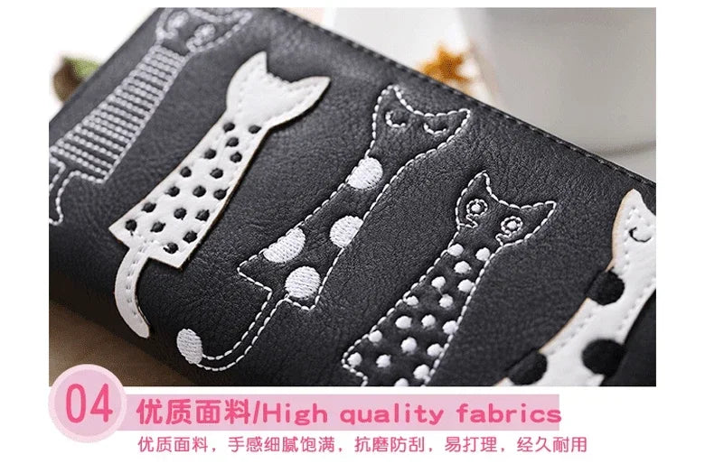 Women European and American Cats Cute Cartoon Embroidery Thread Ladies Zipper Long Wallet Clutch Bag Simple Fashion