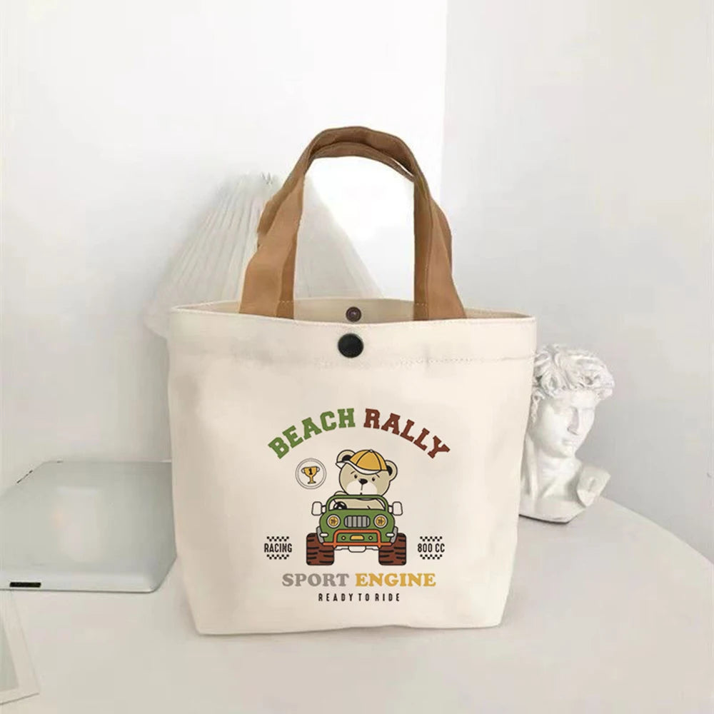 Small Versatile Handbag Cute Bear Mini Canvas Bag Female Student Lunch Box Bag Simple Tote Bag Office Worker Lunch Bag New