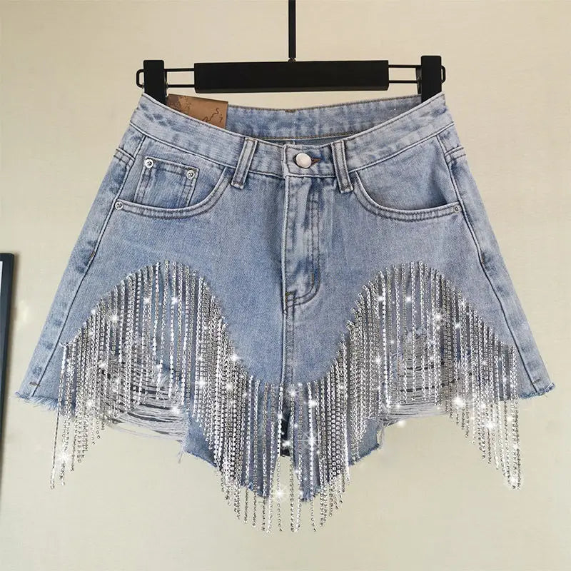 New Summer Ripped Jeans Short Femme High Waist Diamond Tassel Casual Bottoms For Ladies Denim Shorts Women Clothing Fashion