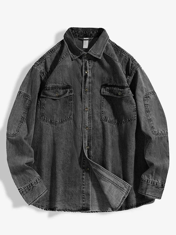 Men's Denim Cotton Shirt, Long Sleeve Black Blue Drop Shoulder Button Pockets, Cowboy Casual Work Jeans Shirt, 2024 New Product