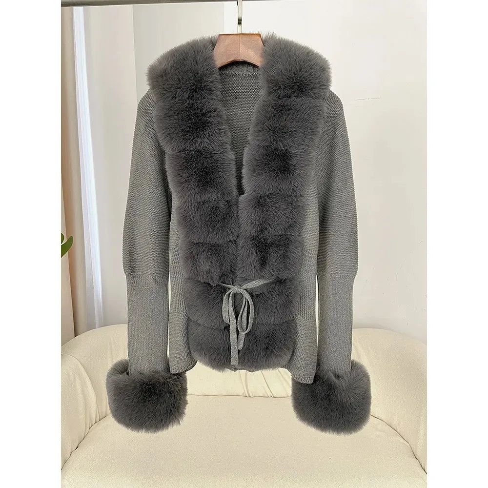 Fall Winter Women Faux Fur Coat Luxury Patchwork Knitted Sweater Bandage Fur Cardigan Detachable Collar Jackets Faux Fur Coats