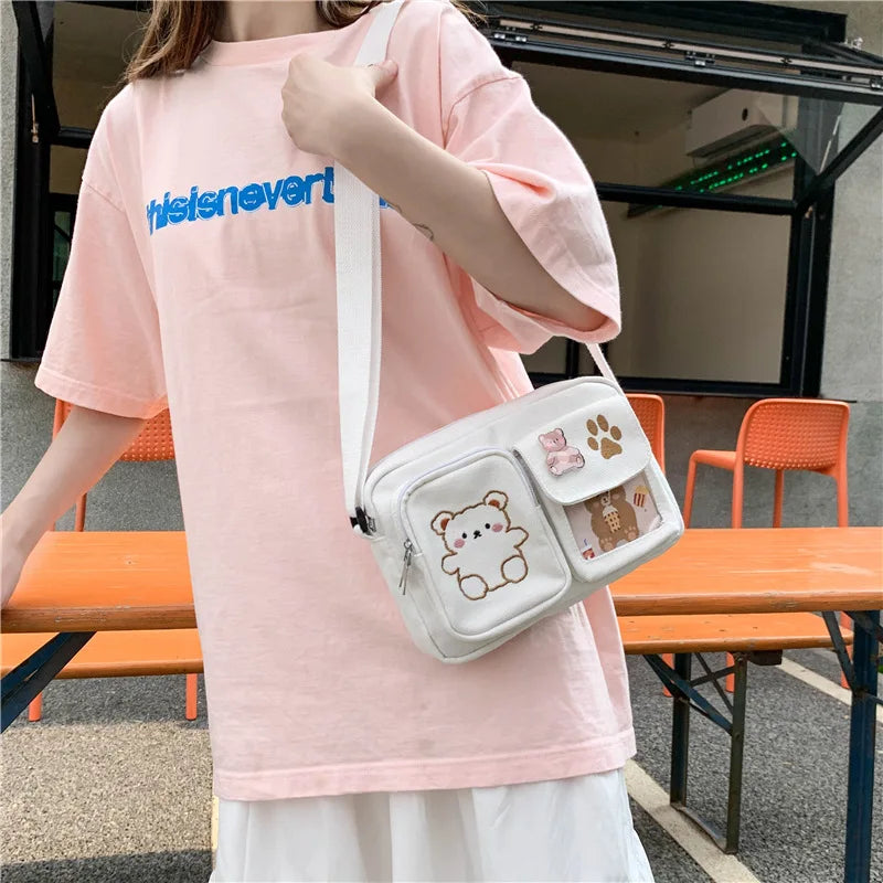 Canvas Small Bag Japanese ins Women Shoulder Bag Cute Funny Personality Embroidery Bear Girl Student Transparent Messenger Bag