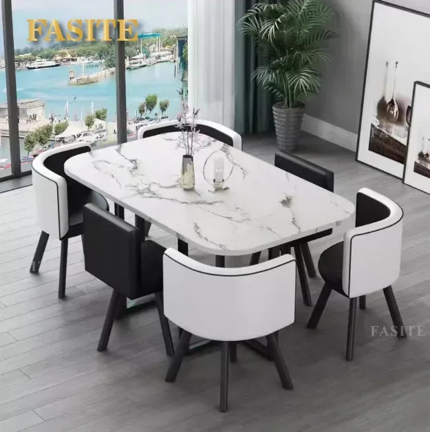 New 2024 Modern Marble Top White Classic Dining Table Living Room With 6 Chairs Set