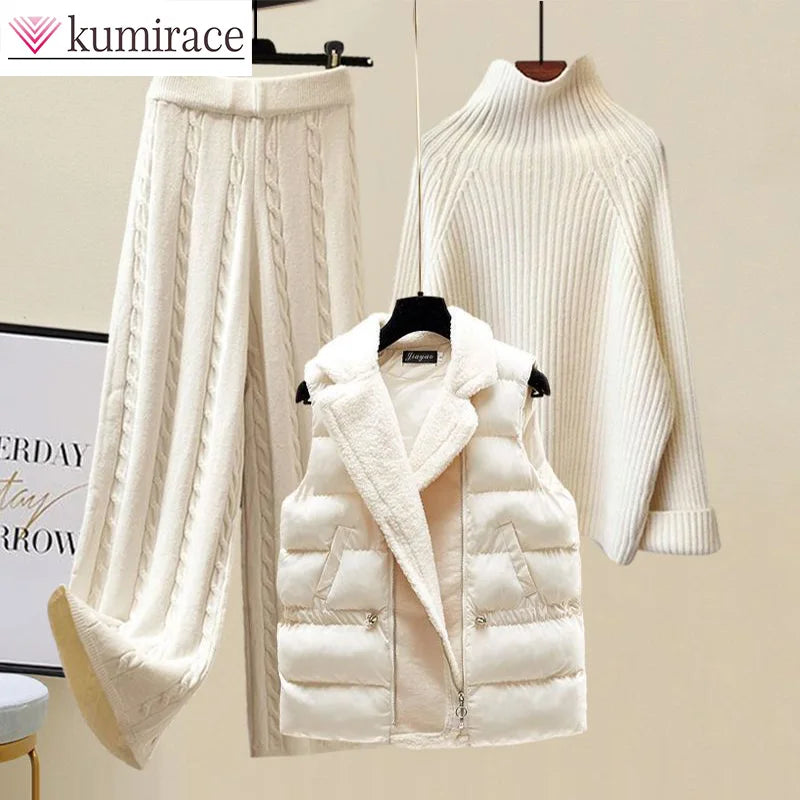 Arge Size Women's Autumn and Winter Set 2024 New Cotton Vest Knitted Sweater Versatile Wide Leg Pants Three Piece Set Pant Sets