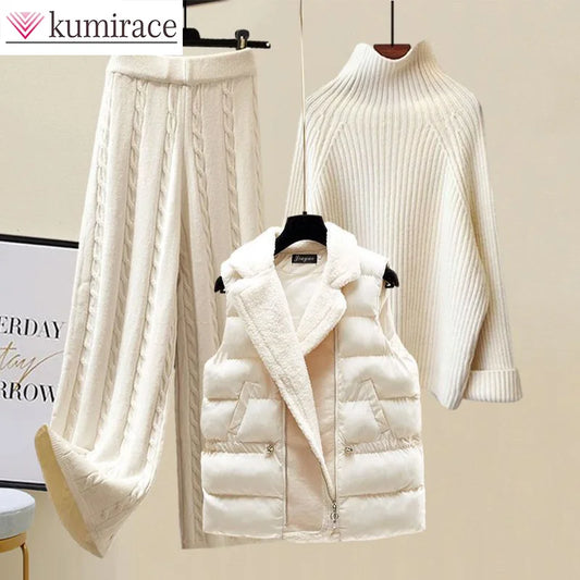 Arge Size Women's Autumn and Winter Set 2024 New Cotton Vest Knitted Sweater Versatile Wide Leg Pants Three Piece Set Pant Sets