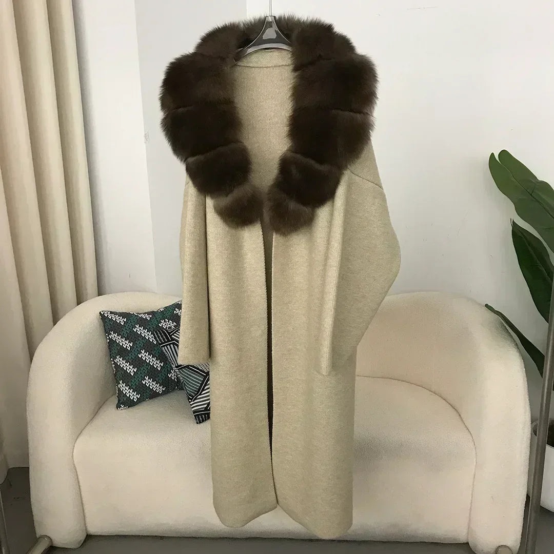 2024 Natural Fox Fur Collar Jacket Spring Autumn Real  Sweater Fur Coat Women Belt Long Loose Thick Warm Outerwear Knitting Coat