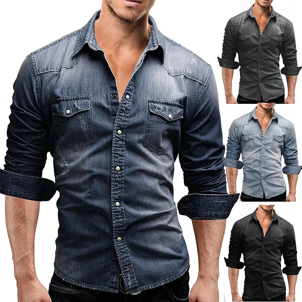 Men Autumn Denim Shirt Short Sleeve Soft Cotton Two Pockets Slim Slight Elastic Jeans Cowboy Shirt Men Shirts