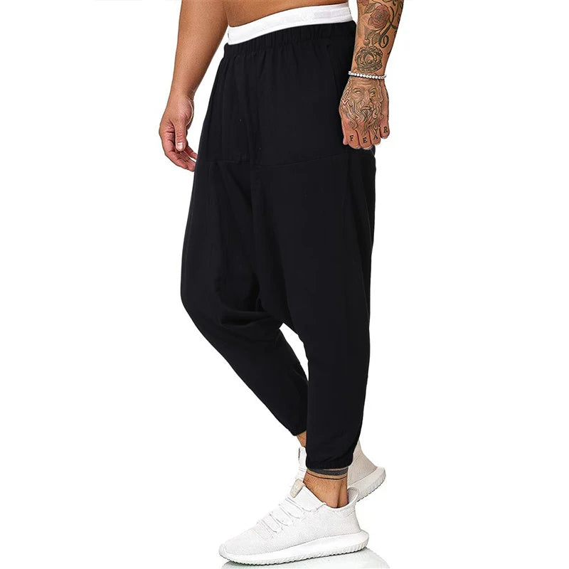 Fashion Cotton Linen Harem Pants Men Solid Elastic Waist Streetwear Joggers Baggy Drop-crotch Pants Casual Trousers Men