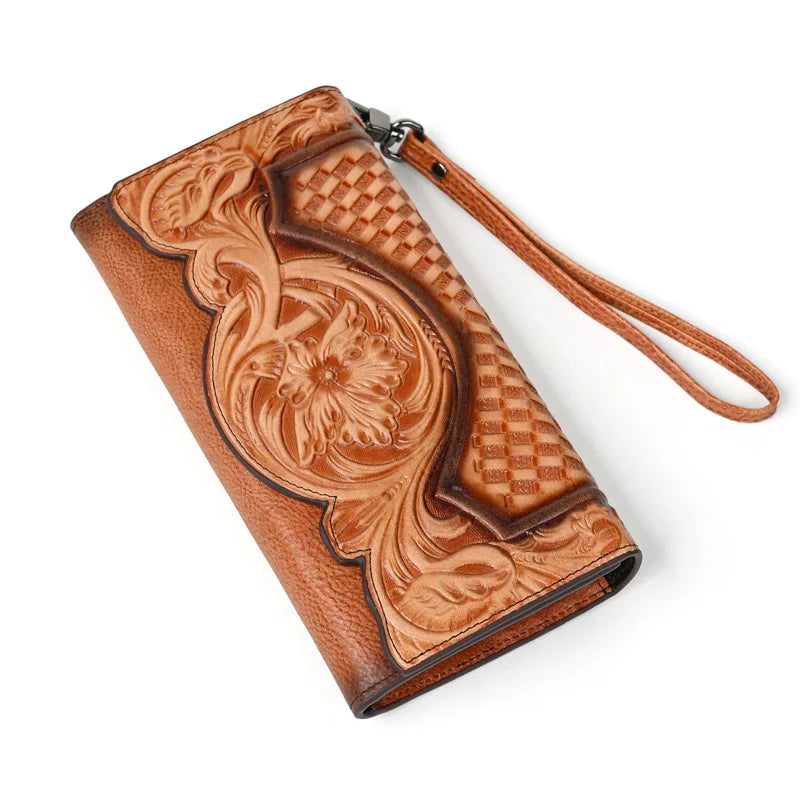 Floral Genuine Leather Wallet Women Handmade Real First Layer Cow Leather Clutch Bag Large Female Card Holder Purse