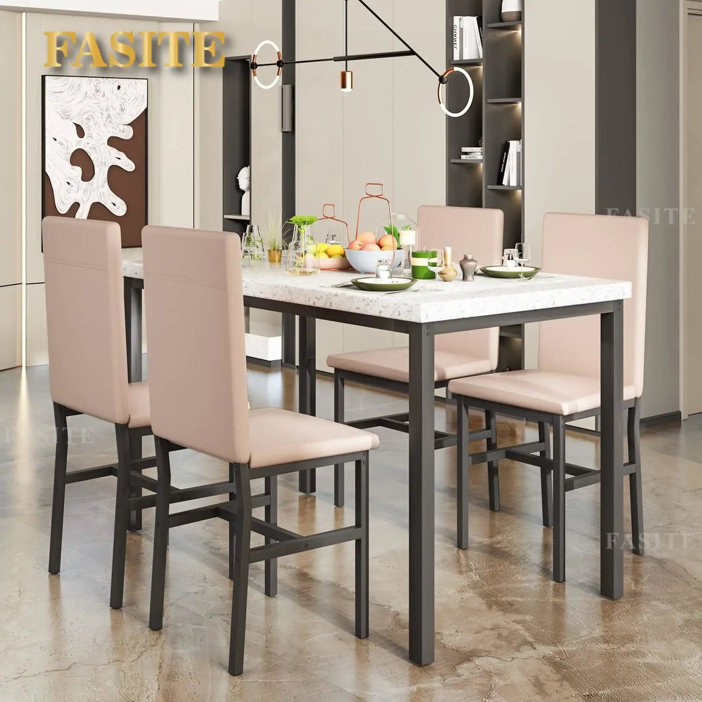 White Faux Marble Dining Table with 4 Upholstered Chairs, 5-Piece Dining Room Table Set for Small Space, Breakfast Table