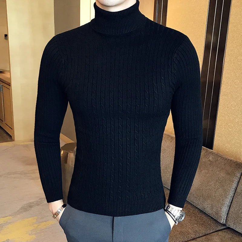 Pull d'hiver épais et chaud à col roulé pour homme, pull de marque à coupe ajustée, tricot à double col