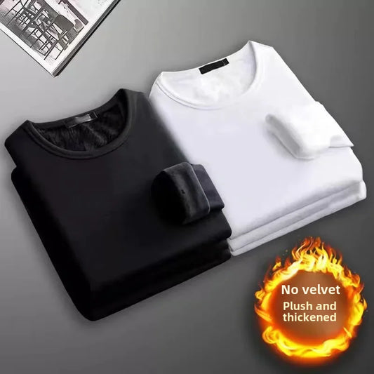 Men's Long Sleeve T-shirt Warm Fleece-lined Thickened Round Neck Slimming Base Layer Top Solid Color Inner Layer Autumn Sweater