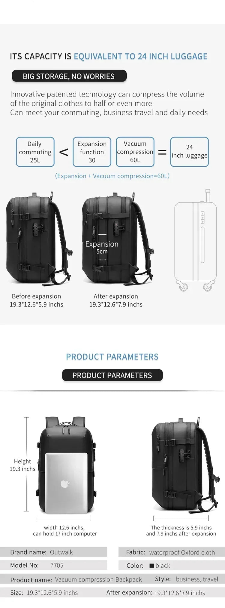 Vacuum Compression Backpack with Vacuum Pump Expandable Travel Backpack for Men Women Airline Approved Business Bag 60L