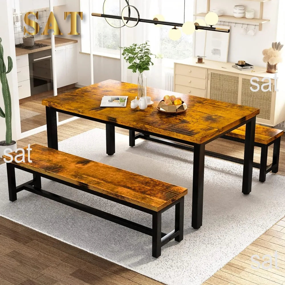 New Dining Room Table Set, Kitchen Set with 2 Benches,  Breakfast of 43.3x23.6x28.5 Inches, Benches 38.5x11.8x17.5