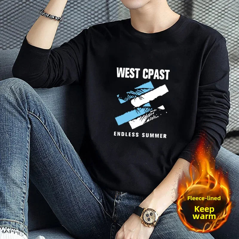 Men's Long Sleeve Fleece-lined T-shirt Winter Stylish Printing Versatile Single Item Jacket Sweatshirt Base Layer Quality