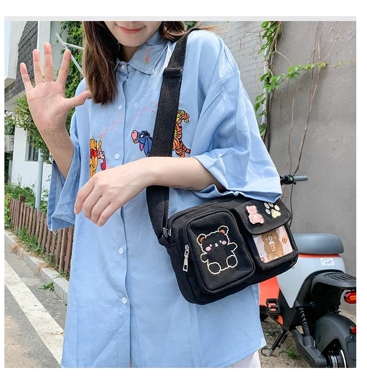 Canvas Small Bag Japanese ins Women Shoulder Bag Cute Funny Personality Embroidery Bear Girl Student Transparent Messenger Bag