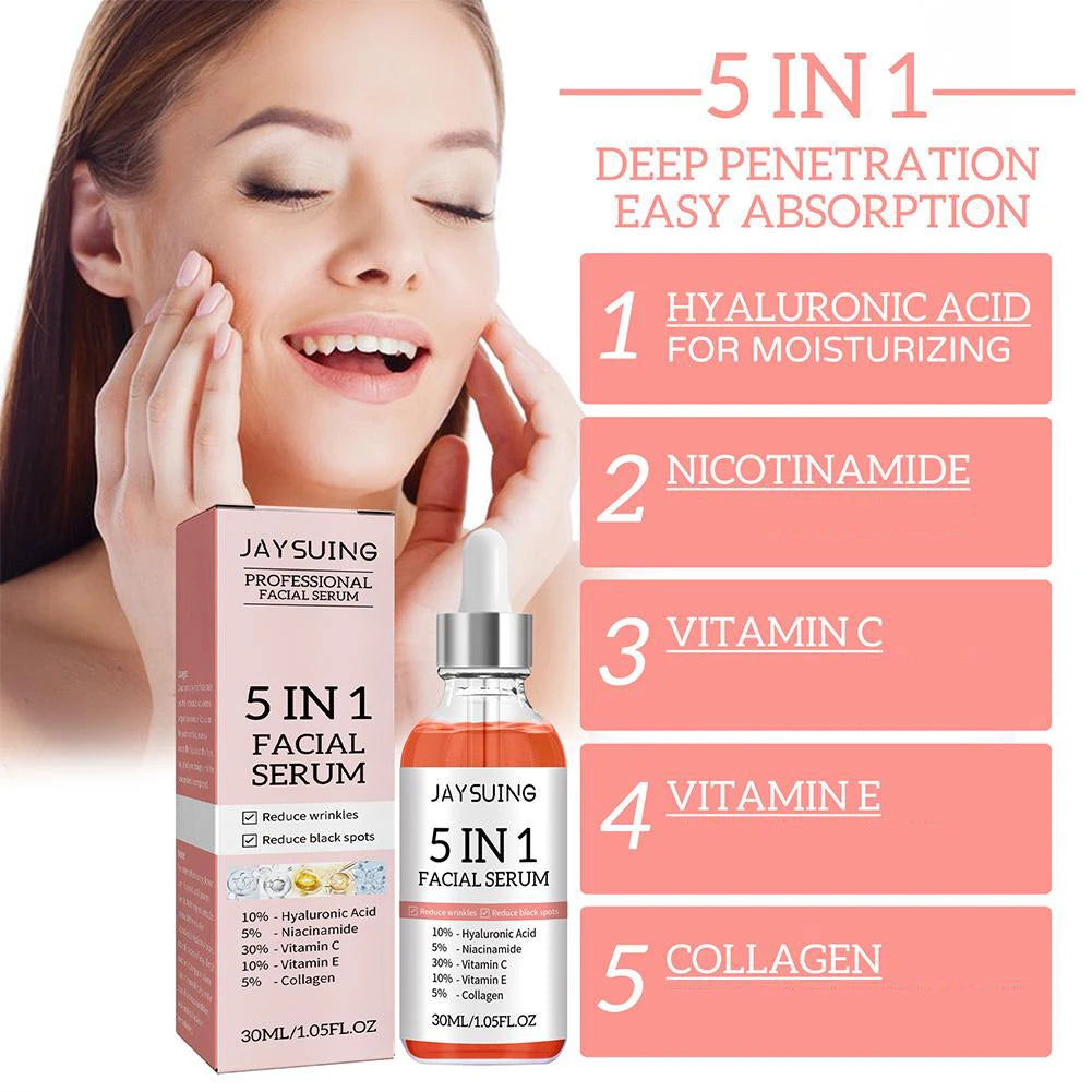 Sérum visage raffermissant 5 en 1 pour atténuer les ridules, hydratant, éclaircissant, vitamine C, acide hyaluronique, sérum visage, rétrécissement des pores, soins de la peau