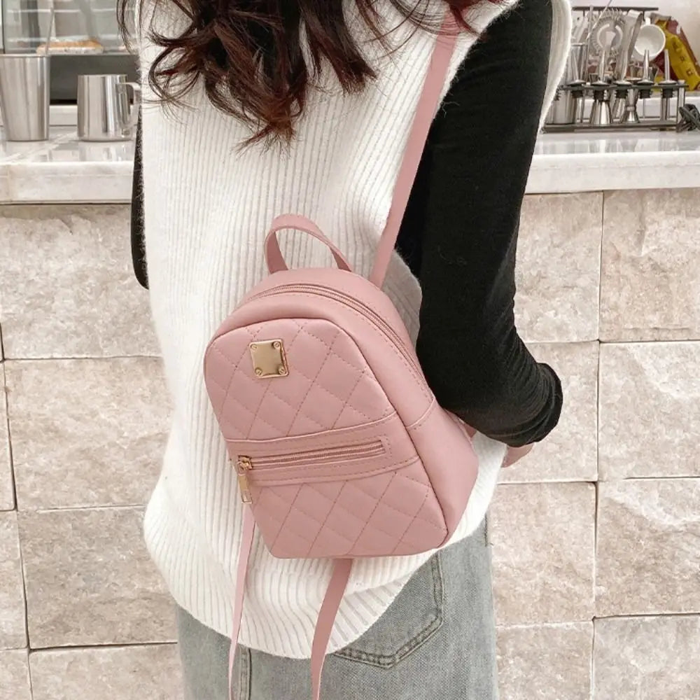 Mini Lingge Embroidery Small Backpack Fashion Solid Color Zipper Women Shoulder Bag Large Capacity PU Leather Travel Rucksack