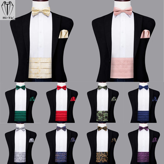 Hi-Tie Silk Mens Cummerbunds Vintage Formal Jacquard Pailey Bowtie Hanky Cufflinks Cummerbund Belt Corset For Male Wedding Prom