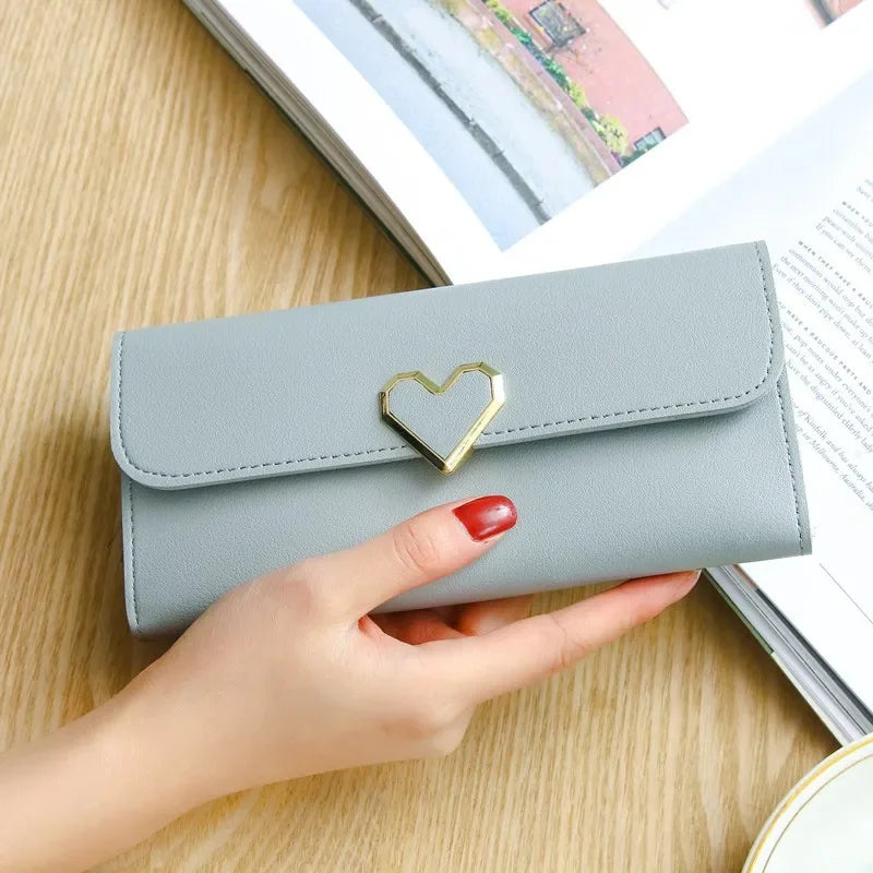 2024 Women Tri-Fold Wallet Metal Heart Pattern Girls Money Pocket Card Holder Luxury Designer Phone Clutch Fashion Card Holder