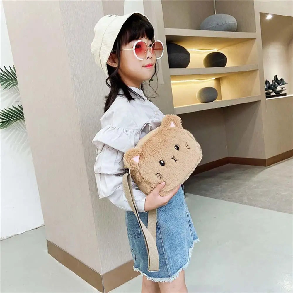 Plush Cartoon Children's Messenger Bag Cute Cat Lovely Kids Crossbody Handbags Zipper Little Girl Purse Gift For Child