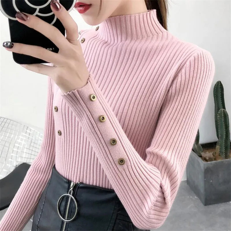 2023 Women Autumn Knitted Slim Sweaters Solid Knitted Female Cotton Soft Elastic Color Pullovers Button Full Sleeve Turtleneck