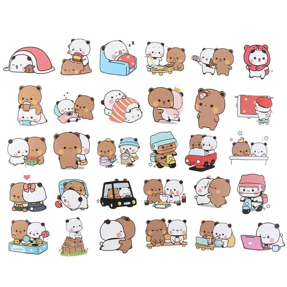 50sheets/set Bear Cute Bear and Panda Stickers Waterproof Panda Cartoon Bear and Panda Stickers Cartoon PVC Bubu Dudu Stickers