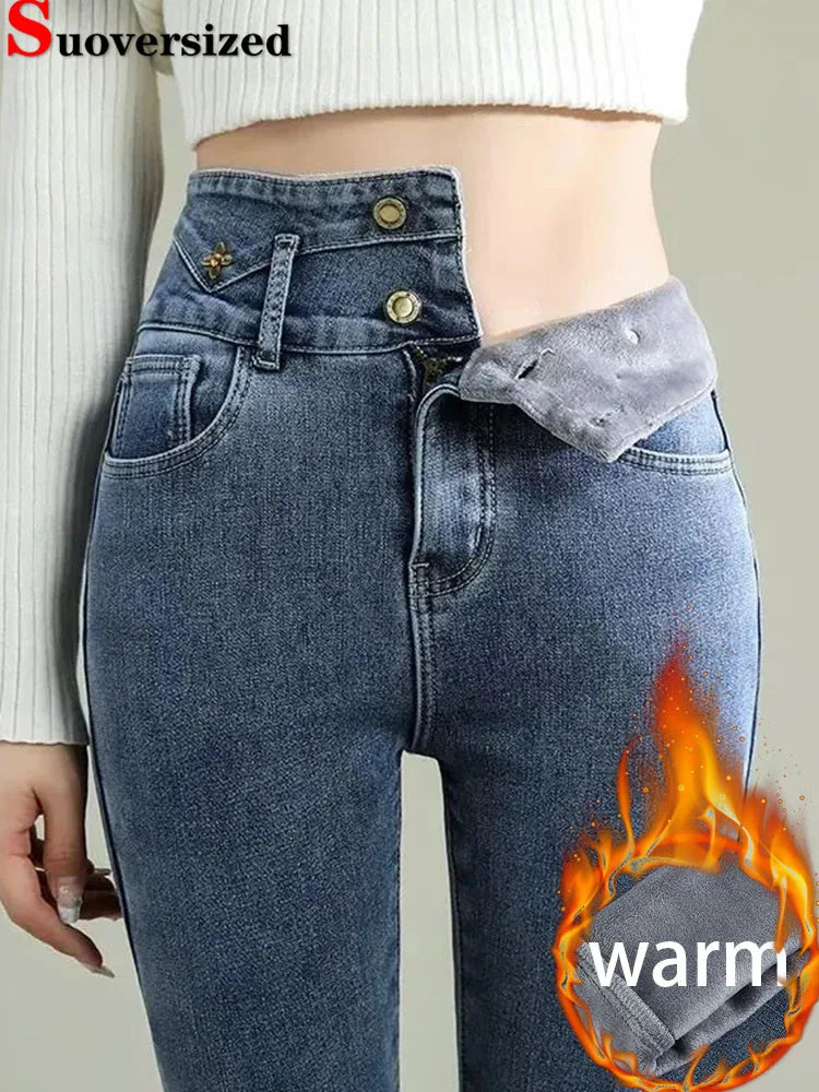 Women Thicken Skinny Pencil Jeans Winter Warm High Waist Stretch Velvet Lined Vintage Denim Pants Korean Solid Y2k Slim Vaqueros